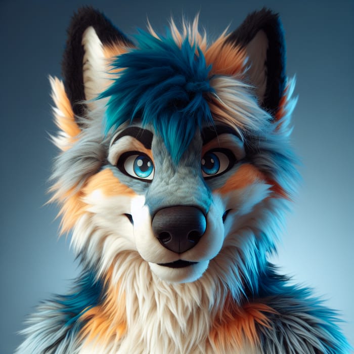 Stylish Blue and Orange Anthromorphic Wolf with Unique Aura