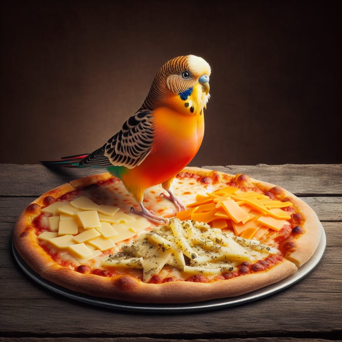 Oleg the Bird: Delightful Pose on Four Cheese Pizza