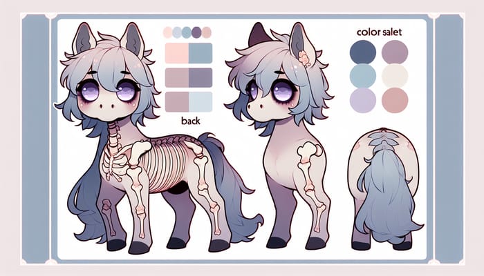 Chibi-Style Cute Undead Horse Reference Sheet with Pastel Colors