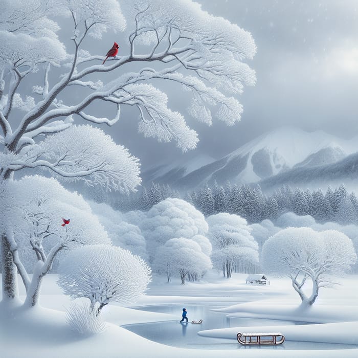 Serene Winter Sketch: Beauty in White with Snow-Capped Mountains