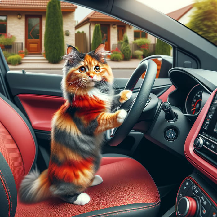 Adorable Cat Driving in Vibrant Red Car | Fun Scene