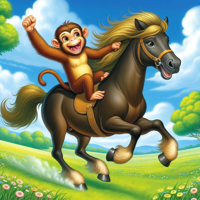 Playful Monkey Riding Sturdy Horse in Lush Green Meadow
