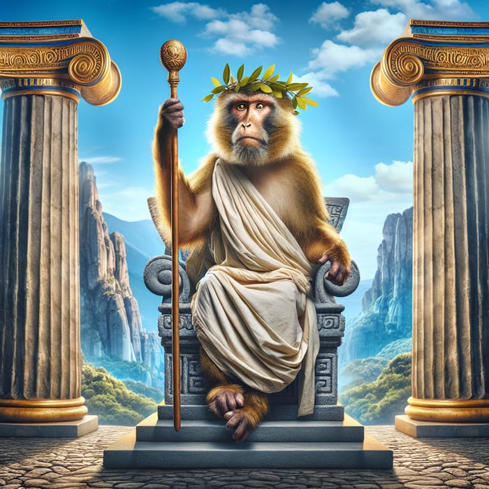 Majestic Monkey: A Greek God Ruling with Toga, Wreath & Sceptre