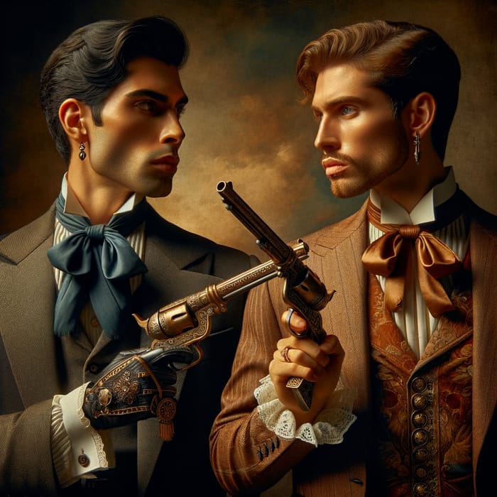 Intense Duel of Elegantly Dressed Men in Rich Oil Painting Style