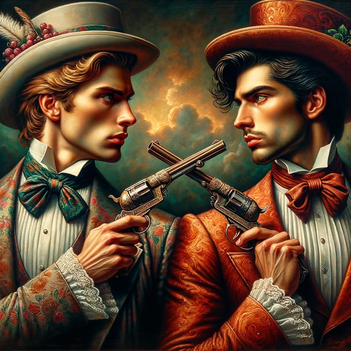 Intriguing Duel of Dapper Gentlemen in Vintage Oil Painting Style