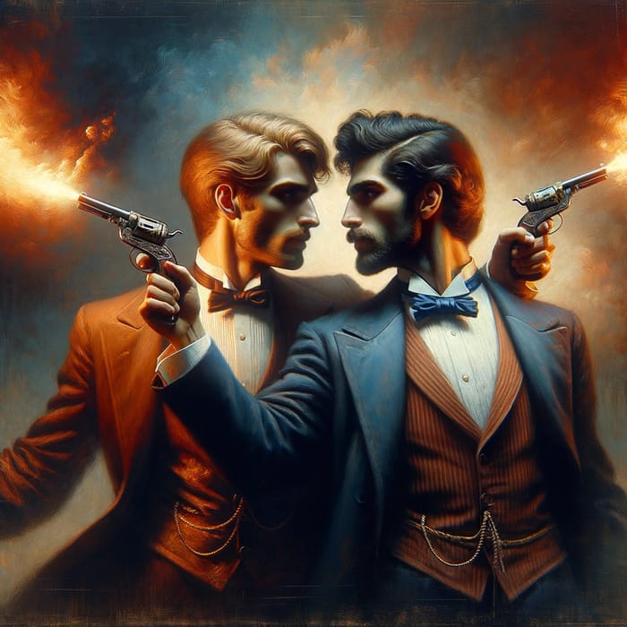 Richly Painted Duel: Vintage Oil Painting of Intense Men