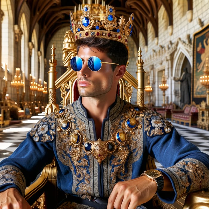 Young King in Blue Sunglasses on Royal Throne