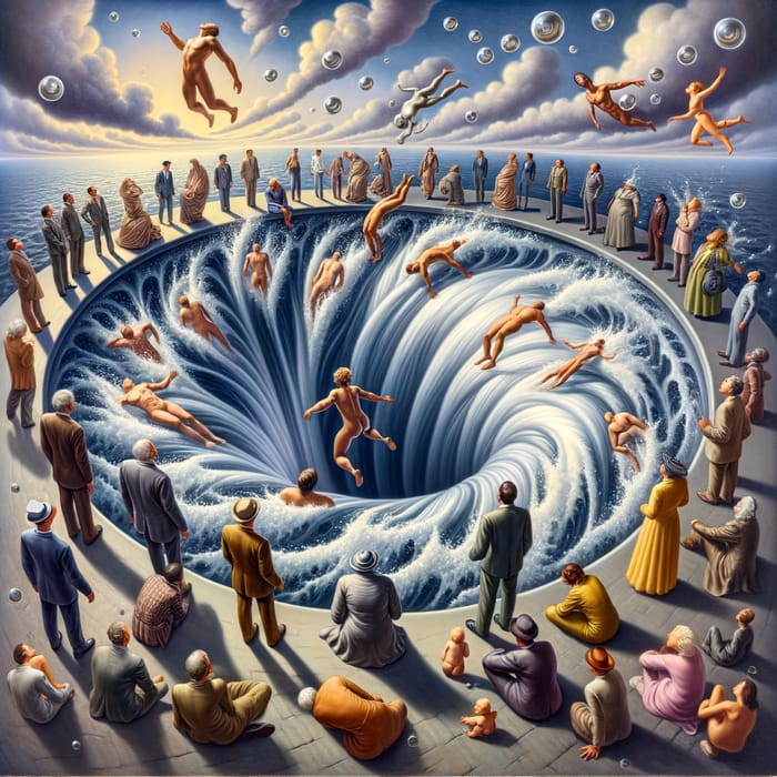 Surreal Whirlpool Transformation: Human to Silver Coins in Dali-inspired Masterpiece