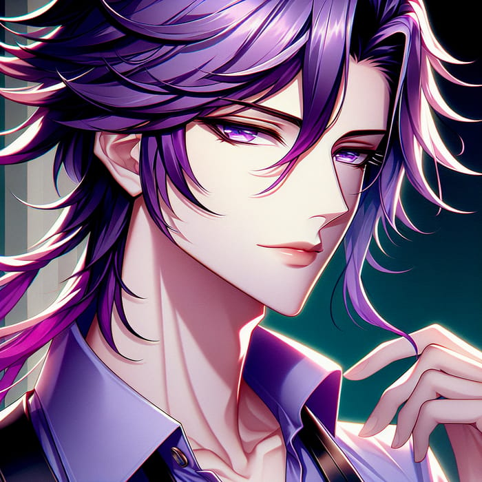 Handsome Anime Male with Vibrant Purple Hair - Stylistic Illustration