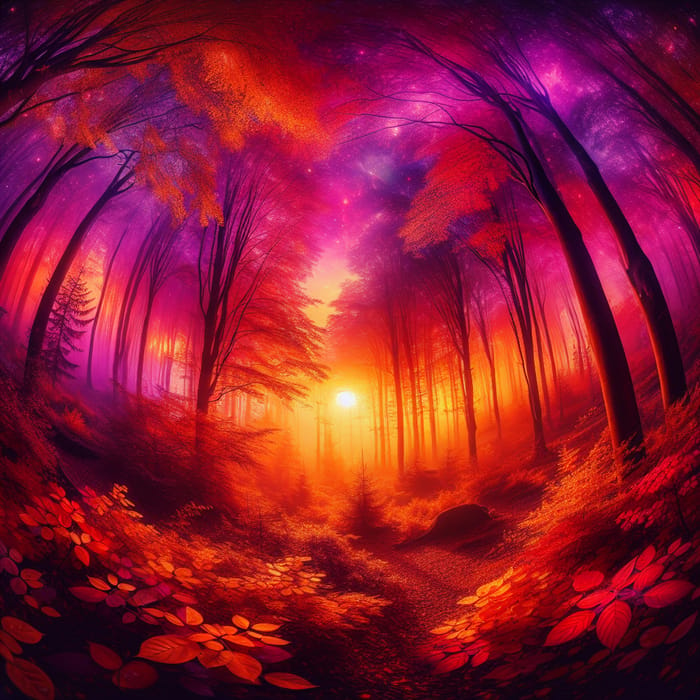 Enchanted Forest Sunset: Radiant Colors & Dreamlike Atmosphere