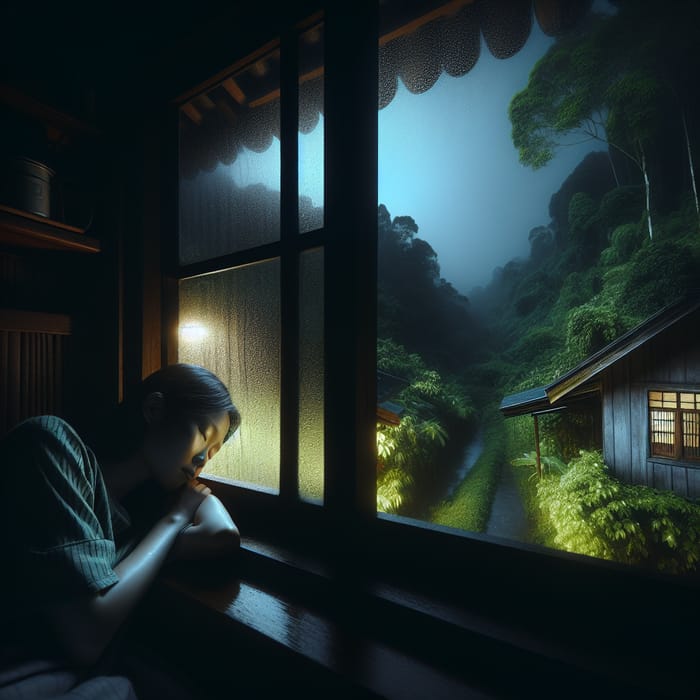 Tranquil Window Scene: Serene Asian Woman Resting Amidst Rainy Forest Views