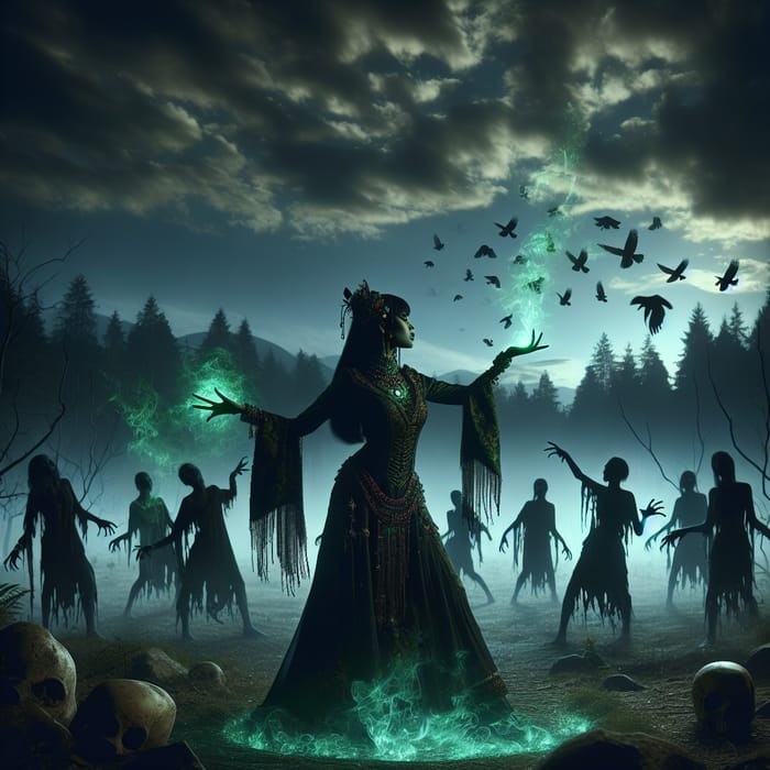 Summon Undead Creatures: Enchanting Witch in Eerie Forest