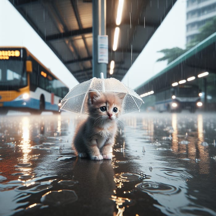 Cute Kitty at Bus Stop in Rain