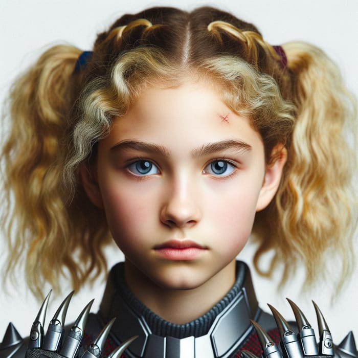 Serious Teenage Girl with Blue Eyes and Blonde Curly Hair in Prowler Costume with Metal Claws | Intense Warrior