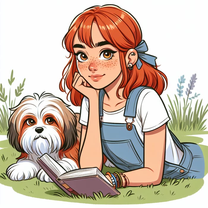 Redhead Woman in Pixar Style Reading Psychology Book with Tibetan Terrier in Nature