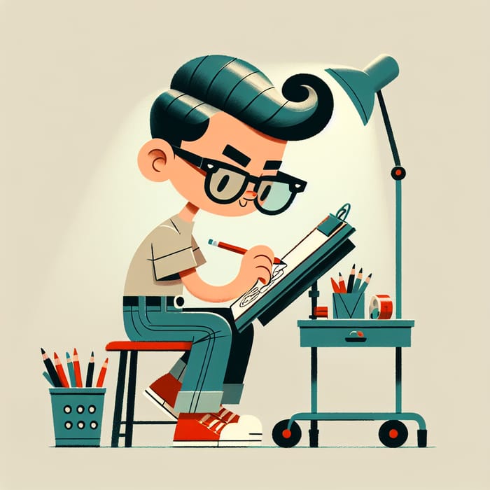 Childlike Style Illustrator Drawing at Desk with Vintage Vibe and Art Supplies
