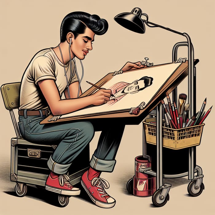 1950s Hispanic Male Artist Drawing at Desk with Lamp and Music
