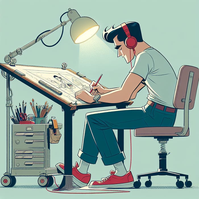 Vintage Cartoonist Drawing at Desk with 50s Hair, Listening to Music