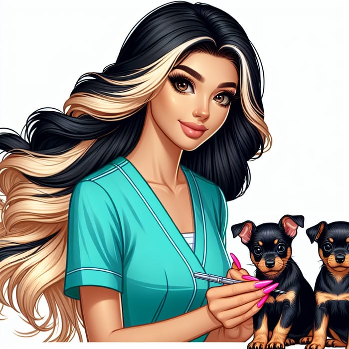 Disney Pixar Style Illustration of Veterinary Assistant with Miniature Pinscher Puppies