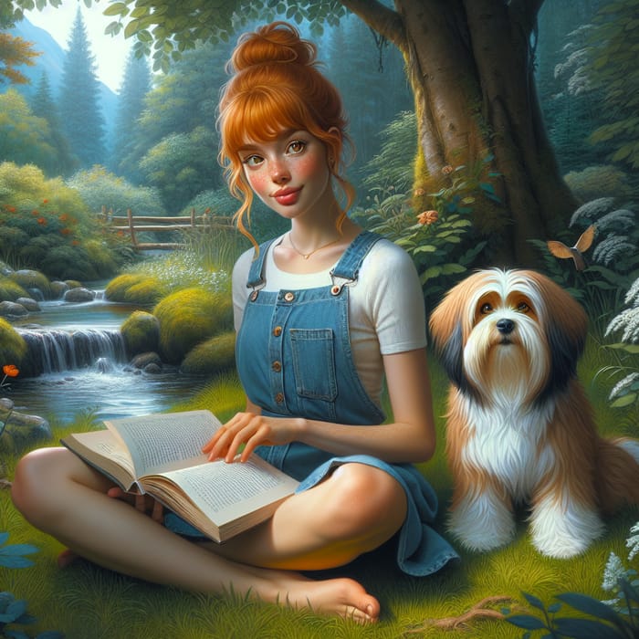 Enchanting Nature Scene: Red-Haired Woman Reading Psychology Book with Tibetan Terrier