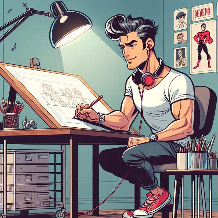 Illustrator at Drawing Table with Desk Lamp and Music