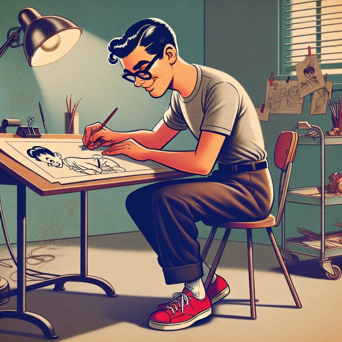 Vintage Children's Cartoonist Drawing on Desk with Retro Style