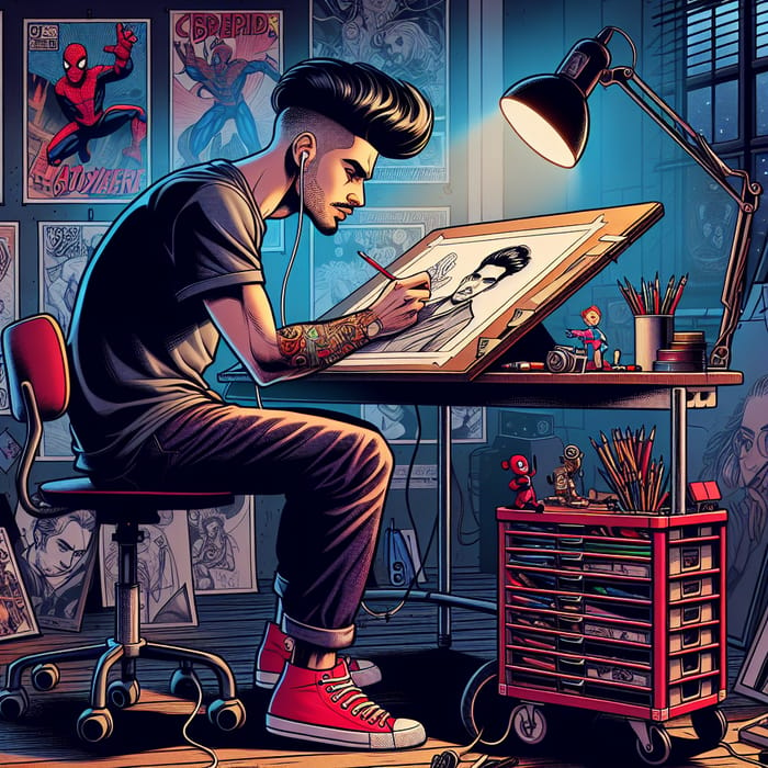 Creative Artist Drawing at Work Desk with Music and Red Sneakers