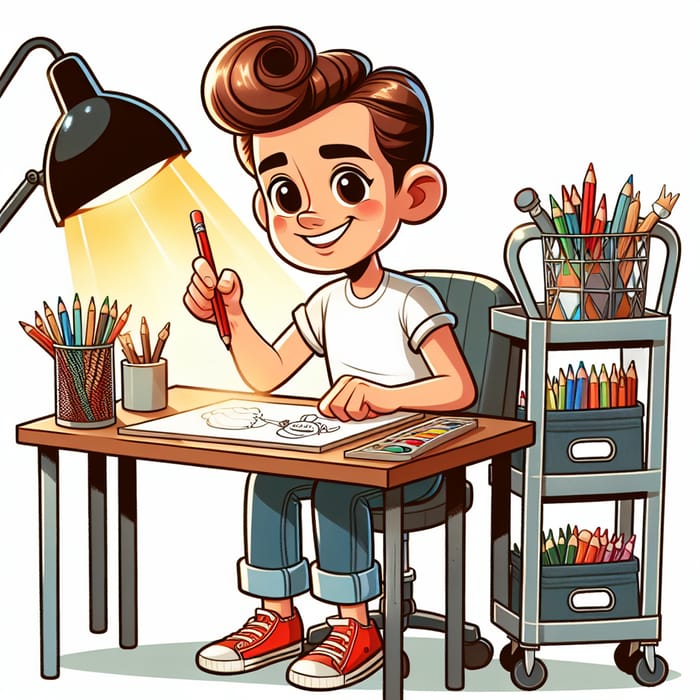 Child Illustrator Drawing at Desk with 1950s Style - Red Sneakers & Drawing Cart