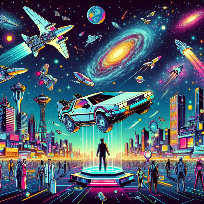 Futuristic Flying Car & High-Tech Society | Sci-Fi Night Sky Illustration