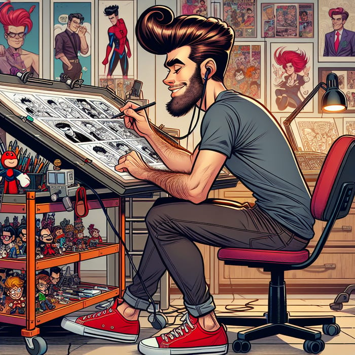 Comic Artist Drawing in Music-filled Room | Cartoon Characters Decor