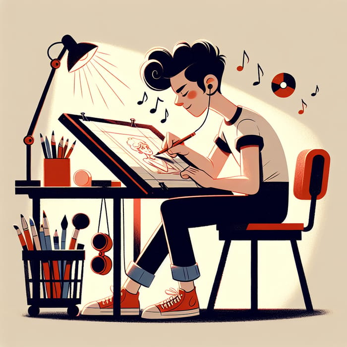1950s Style Artist Drawing at Table | Creative Illustration