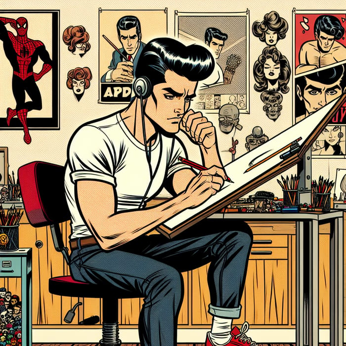Comic-style Illustrator at Drawing Table with Red Sneakers