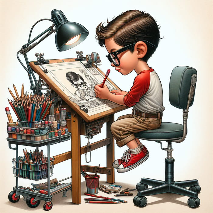 Childlike Illustrator Drawing at Drafting Table with 1950s Vibe