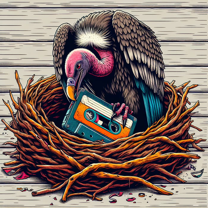 Vibrant Digital Illustration of Vulture Devouring Cassette Tape