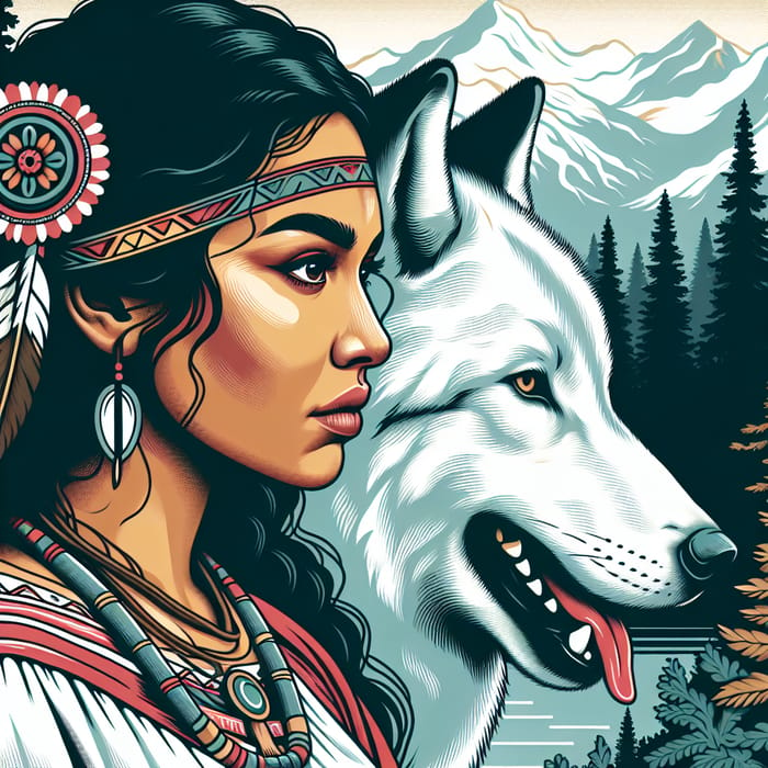 Warrior Woman with White Wolf in Forest Mountains | Art Digital Illustration