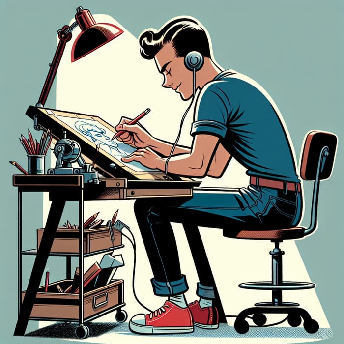 Male Cartoonist Drawing in 1950s Setting with Red Sneakers