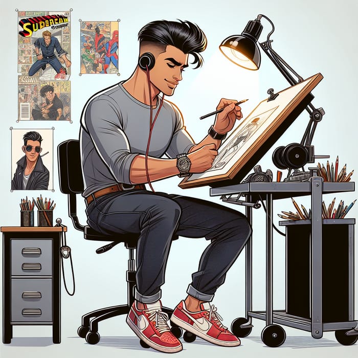 Illustrator Drawing at Desk with Lamp, Music, Cartoon Décor & Drawing Supplies