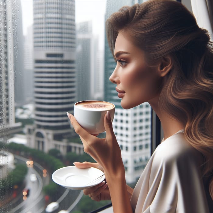 Elegant Woman Enjoying Coffee Facing Cityscape in Rain