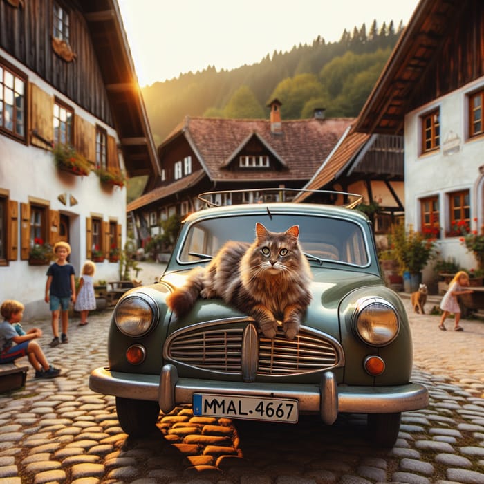 Countryside Village Cat on Car: Charming Scene