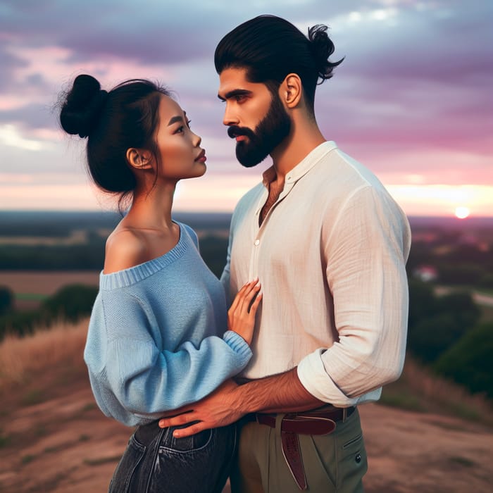 Romantic Multicultural Couple Admiring Sunset on Hilltop