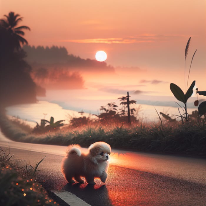 Sunny Beach Sunrise: Adorable Dog Crossing the Road