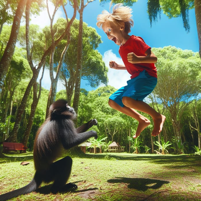 Excited Boy Jumping Near Playful Black Monkey in Green Park