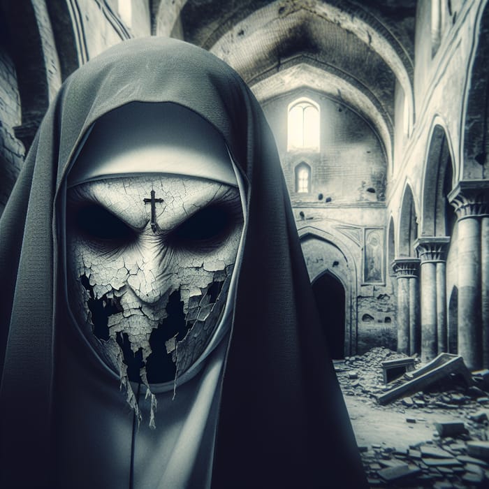 Ominous Nun with Piercing Stare in Deserted Church
