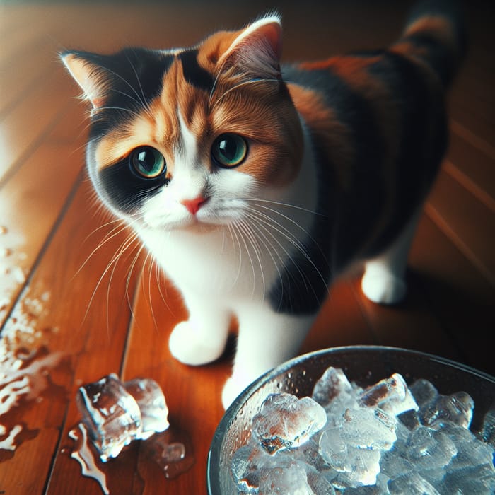 Curious Cat with Ice: Playful Feline on Wooden Floor