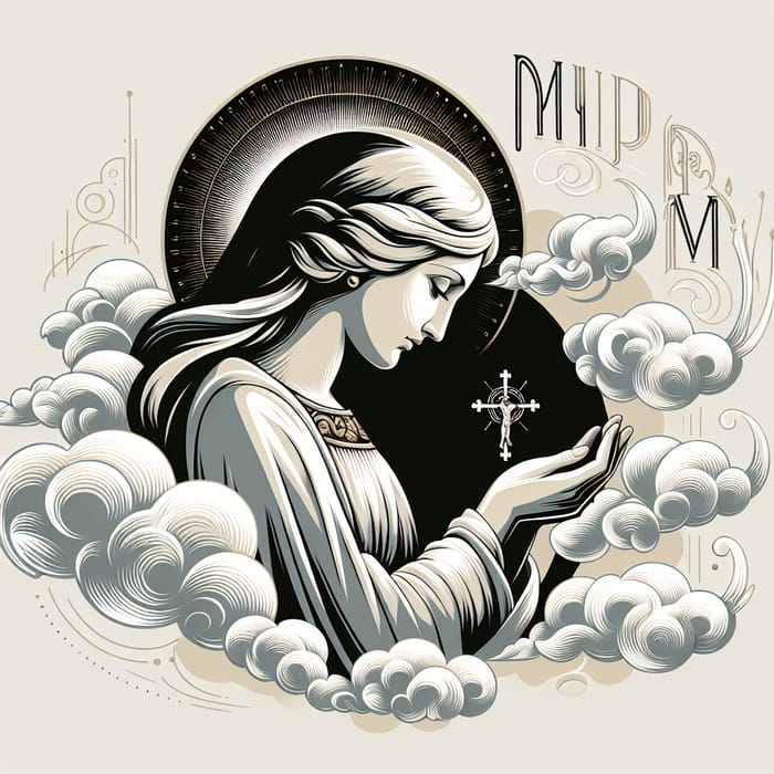 Caucasian Woman Mary Statue in Heavenly Clouds
