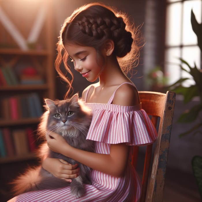 Heartwarming Moment: Young Hispanic Girl with Grey Cat