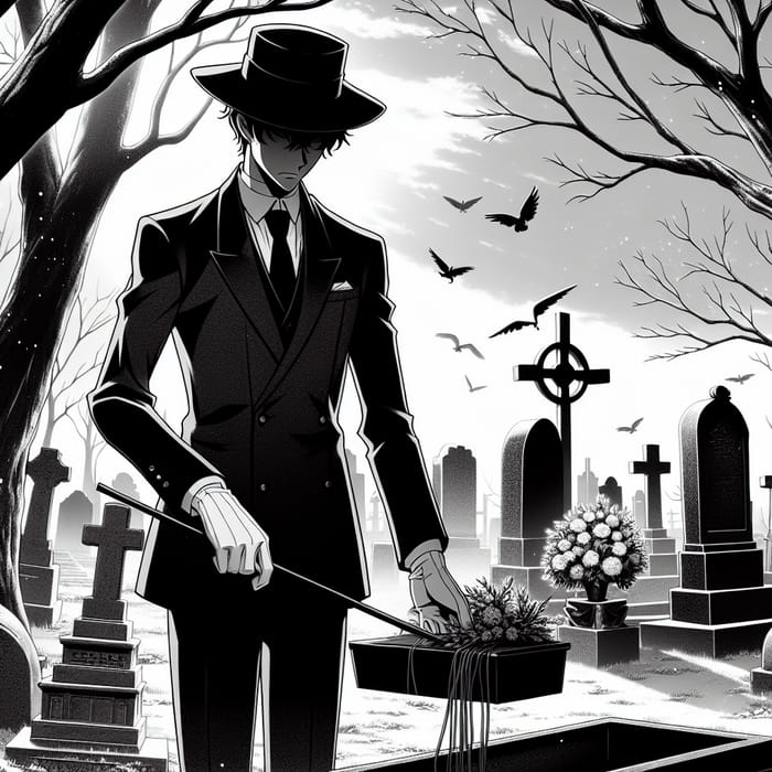 Solemn Undertaker in Anime Style | Black and White Art