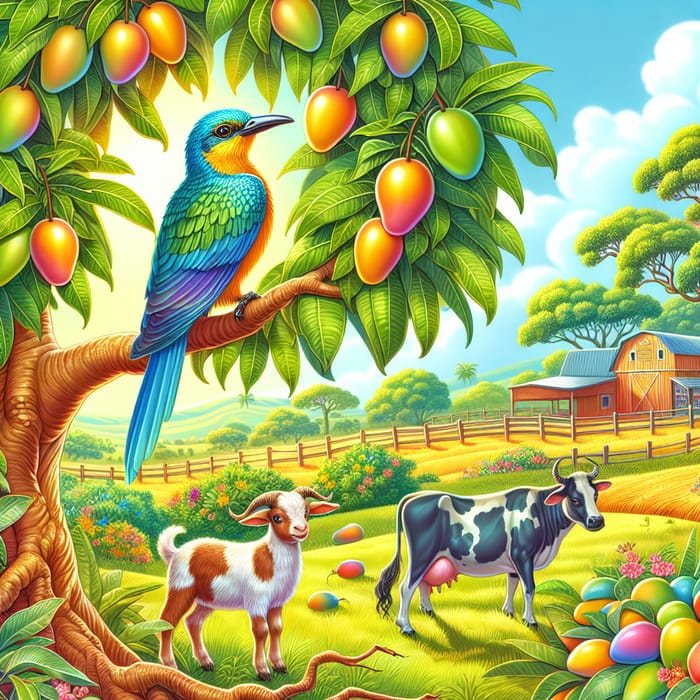 Colorful Bird, Cows, and Goat in a Mango Tree Farm | Artwork