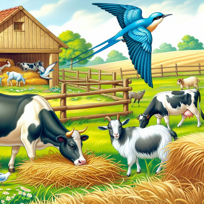 Serenity of Farm Life - Bird, Cow, and Goat Harmony