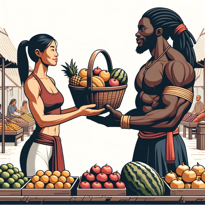 Colorful Market Scene with Diverse Barter Activities Colorful Market Scene with Diverse Barter Activities